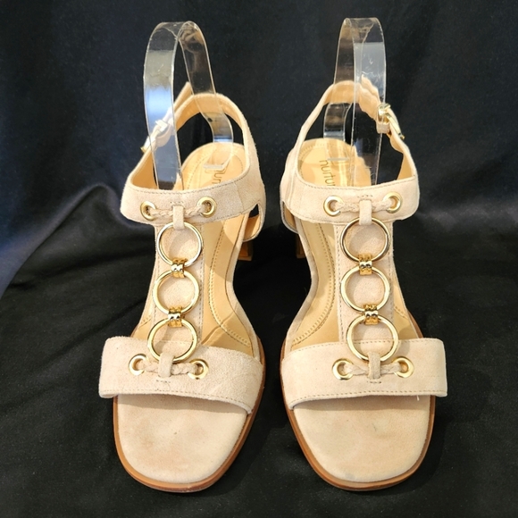 Nurture Women's‎ Suede Strappy Sandals Size 9M Nude Gold Rings Chunky Heel - Picture 1 of 7